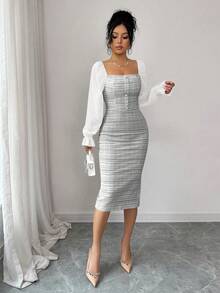 Elenzga Elegant Date/Holiday Tweed Patchwork Chiffon Collared Dress - Black and White - View 5