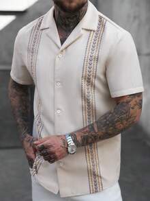 VENTUSAIL Top d'été bohème beige pour hommes avec imprimé de vacances, chemise à rayures en tissu tissé avec boutons, confortable, décontracté, formel, pour le bureau et les vacances - Multicolore - Voir 7