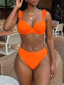 Vaytide Bộ Bikini Ruffle Trim Push Up Đi Biển Mùa Hè, Bộ Đồ Tắm - trái cam - Xem 2
