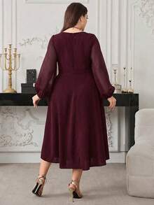Seusyu Plus Size Women's Summer Modest Traditional Wedding Guest Burgundy Elegant Dress,Square Neck Chiffon Mesh Long Sleeve Ruched Bust A-Line Midi Dress - Burgundy - View 2