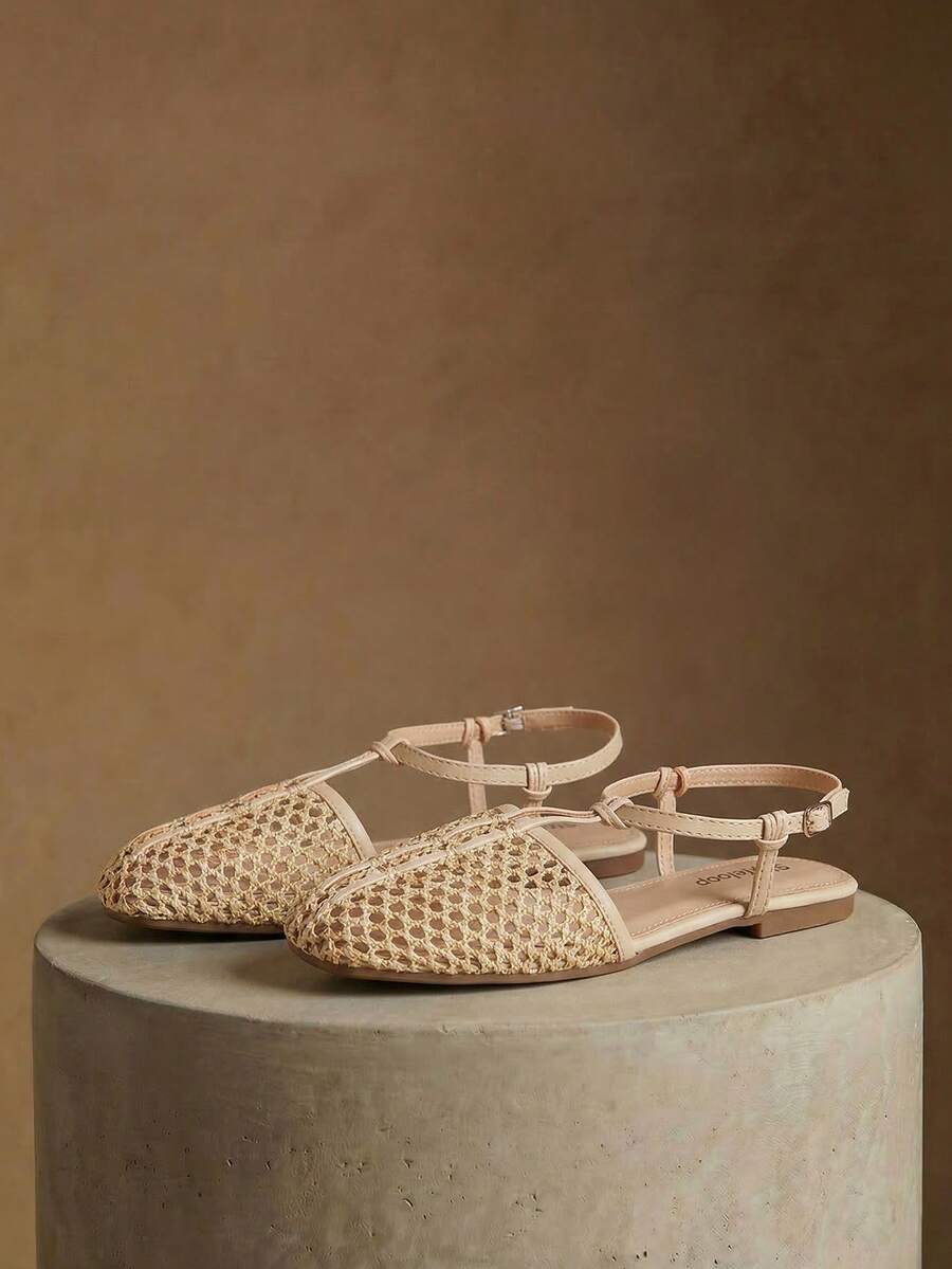 Styleloop 女士鞋履 假日风编织鞋 面条带女士平底鞋 假日风穿搭 波西米亚风穿搭 美式复古风 波西米亚风 西部风 音乐节穿搭 派对穿搭 平底女鞋 - 杏色 - 查看 1