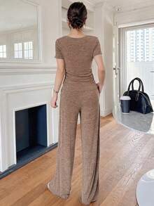 DAZY 2pcs/Set Women Solid Color Pleated T-Shirt And Wide Leg Pants Summer Lounge Sets For Women - Mocha Brown - View 2