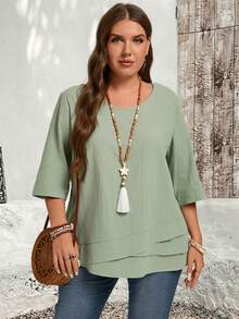 EMERY ROSE Plus Size Asymmetric Hem Green Country Shirts Fall Clothes - Green - View 7