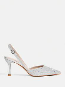 CUCCOO TILAWA Women's Silver Pointed Toe Mid Heel Rhinestone Decorated Closed Toe Sandals, Sexy Evening Party High Heels For Christmas - Silver - View 4