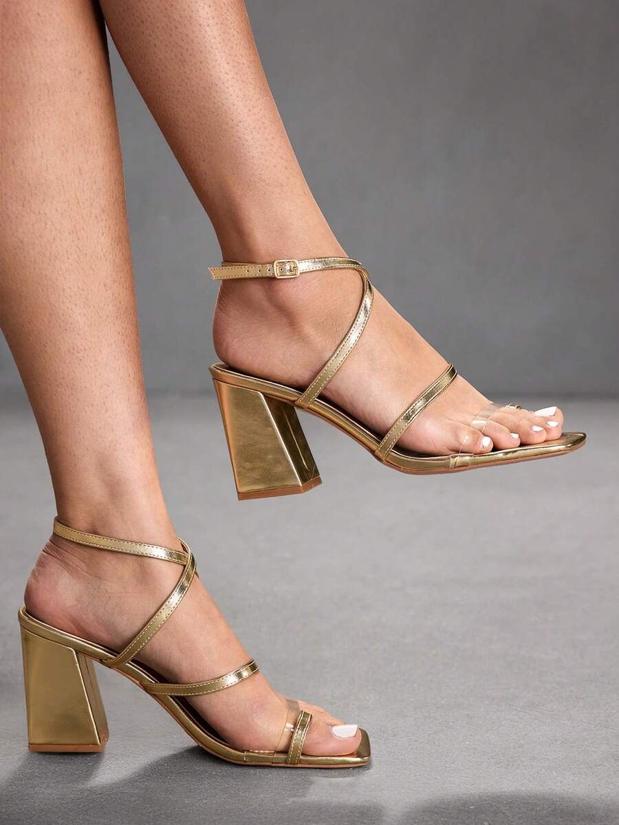 CUCCOO SZL Women's Gold PU Toe-Ring Buckle Strap Fashionable Square Toe Chunky Heel Sandals Prom Heels - Gold - View 1
