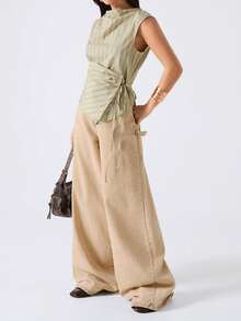 LYSMO 女士条纹无袖褶皱系带时尚背心，夏季 - 橄欖綠 - 查看 5