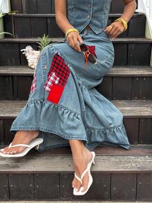 SHEIN 女士格子五角星贴花单排扣休闲牛仔裙 - 藍色 - 查看 1