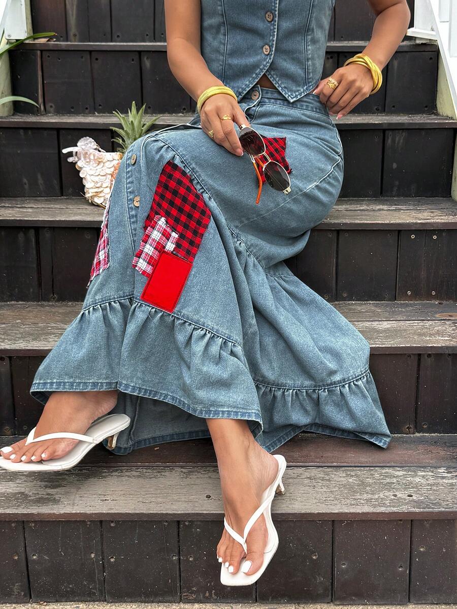 SHEIN 女士格子五角星贴花单排扣休闲牛仔裙 - 藍色 - 查看 1