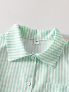 SHEIN 3件套少女宽松休闲条纹印花衬衫，前短后长设计，搭配印花背心和阔腿裤，适合日常、通勤、休闲、度假、派对、街头穿搭。 - 綠色 - 查看 4