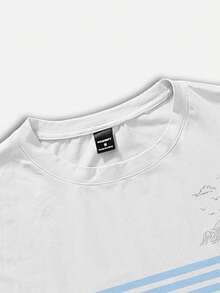 Manfinity RSRT 夏威夷风情椰树条纹印花T恤，男士夏季沙滩度假圆领短袖上衣 - 彩色 - 查看 4