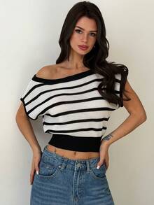 Firerie Women's Striped Asymmetric-Shoulder Short Sleeve Cropped Knit Top - Black - View 1