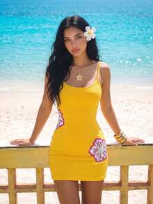 Sweetina Vestido mini ajustado con camisola de mujer, con bordado de flores y lentejuelas, para uso en verano, vacaciones, fiestas en la playa y atuendos de playa. Vestido de mujer para el verano. - Naranja - Ver 4
