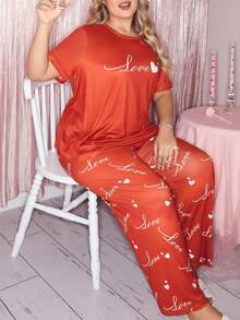 Slumberry CURVE Cute Ins Contrast Color Valentine's Day Love Print Loose Comfortable Black Plus Size Pajama Set - Red - View 6