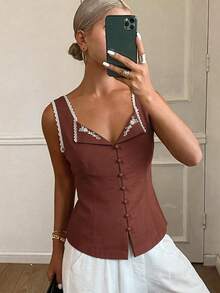 Livesso 女款春夏花卉刺繡蕾絲拼接休閒度假波希米亞風棕色短版背心外出上衣 - 紅木色 - 查看 4