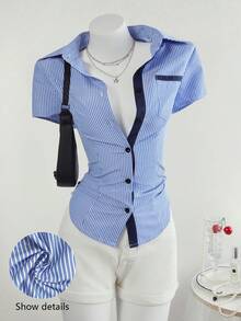 Lalippa Women Blue And White Striped Short Sleeve Shirt Regular Length Casual Woven Fabric Blouse With Shirt Collar - Blue and White - View 1