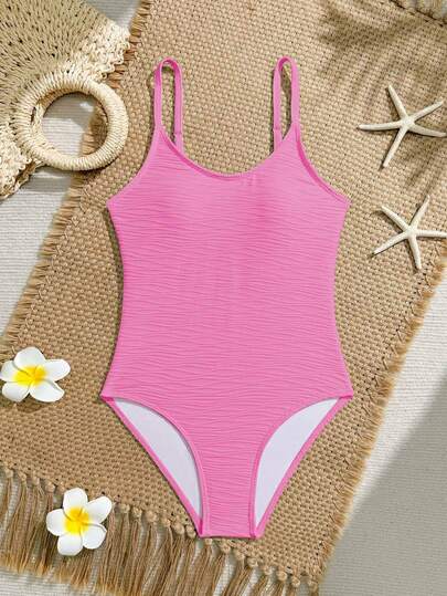 少女连体泳衣（大号），休闲纯白色，针织面料，特殊面料，可调节肩带，时尚休闲，精致优雅，淑女范儿，适合游泳、夏季假期、夏季海滩、海边、游泳池、夏季假期派对、休闲度假。