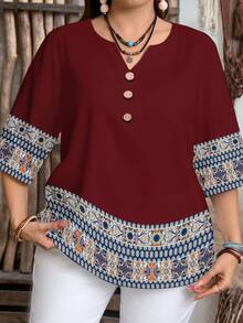 EMERY ROSE Chemise décontractée à imprimé floral pour femmes grandes tailles, convient pour l'été - Rouge foncé - Voir 5