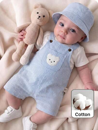 Baby Boy/Girl Casual Striped Short Sleeve Shirt & Solid Color Romper Shorts, Suitable For Spring/Summer Wear, Indoor And Outdoor
