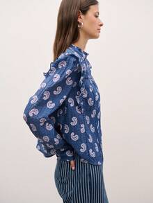 Nöista Women's All-Over Print Pleated Casual Versatile Daily Wear Shirt - Navy Blue - View 3