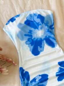 SHEIN 少女碎花V领长袖阿拉伯风格连衣裙 - 藍色 - 查看 3