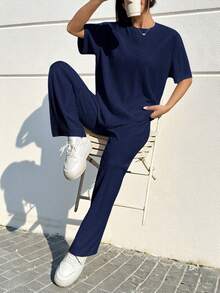 SHEIN EZwear 海军蓝休闲宽松两件套 - 大码女装上衣和裤子 - 藏蓝色 - 查看 10