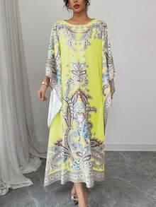 Rafferiza Elegant Loose Middle Eastern Digital Placement Print Round Neck 3/4 Sleeve Robe, Spring/Summer For Women - Light Yellow - View 6