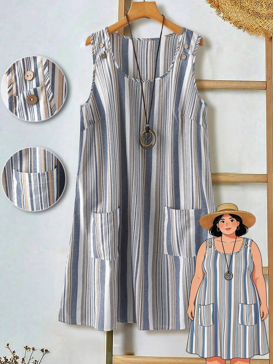 EMERY ROSE 大码女士休闲条纹无袖连衣裙，春季穿搭，夏季穿搭，女士休闲连衣裙，外出穿搭，海滩度假穿搭，带口袋的夏季连衣裙，女士口袋连衣裙，夏季连衣裙，夏季休闲连衣裙，海滨连衣裙，女士夏季连衣裙，女士休闲连衣裙，女士夏季穿搭，女士春季连衣裙 - 彩色 - 查看 1