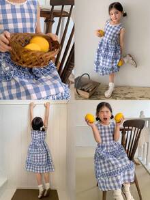 DAZY Young Girl Plaid Round Neck Layered Frill Trim Casual Sleeveless Dress - Blue - View 10