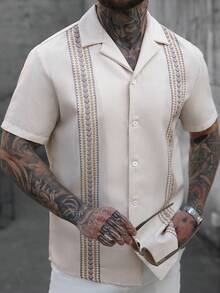 VENTUSAIL Top d'été bohème beige pour hommes avec imprimé de vacances, chemise à rayures en tissu tissé avec boutons, confortable, décontracté, formel, pour le bureau et les vacances - Multicolore - Voir 8