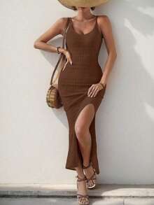 Breezaya Đầm dệt kim hai dây ôm sát, màu trơn, xẻ tà bên hông dành cho nữ - Màu nâu Sô-cô-la - Xem 3