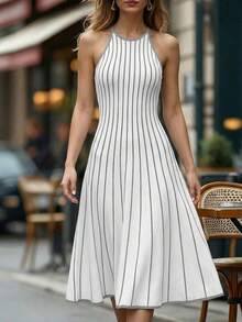 Franclia New Vintage Striped Patchwork Contrast Color Round Neck Sleeveless Knit Dress For Women - Light Grey - View 7