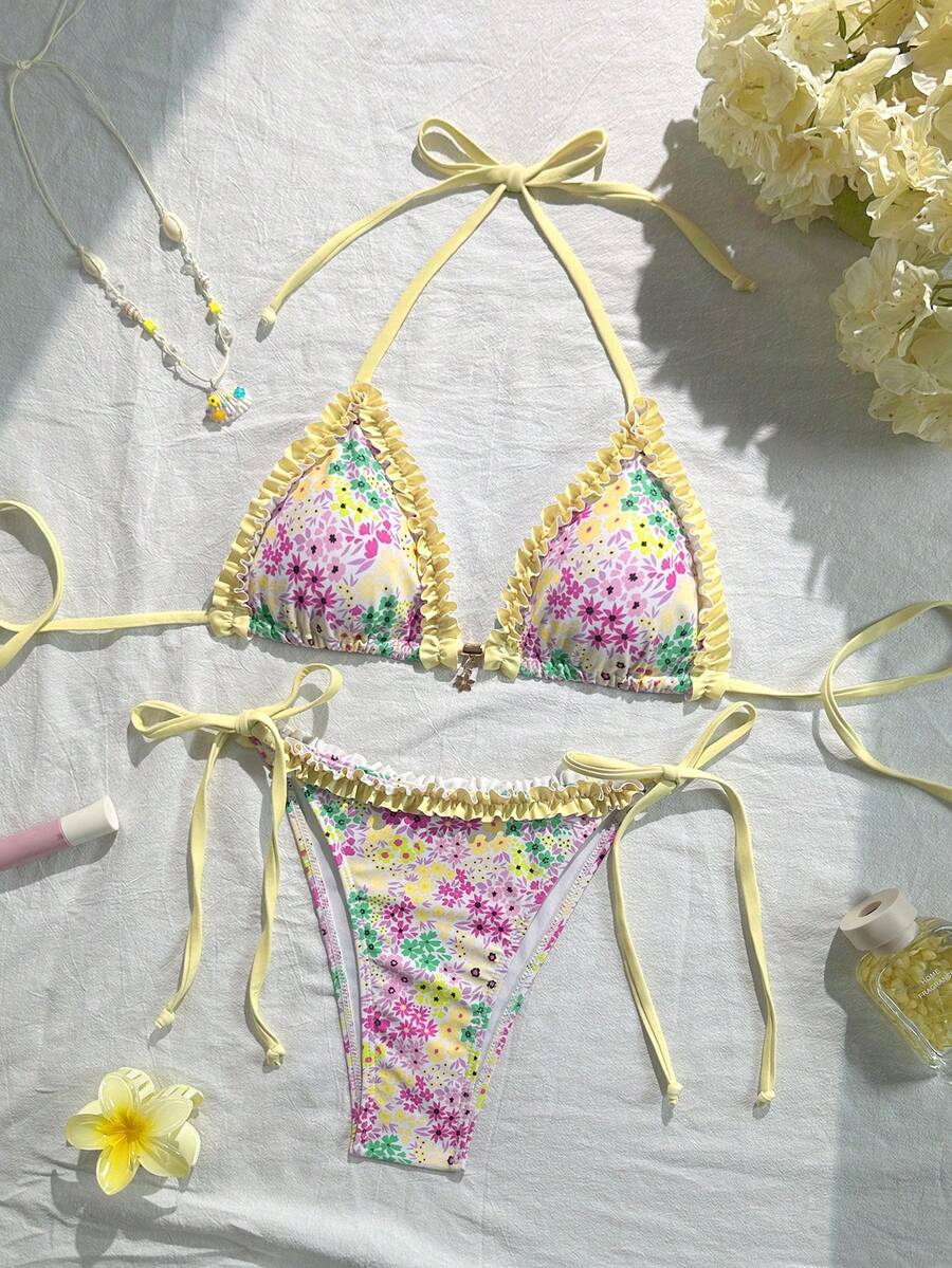 Swim Mod 女士新款格纹荷叶边V领露背三角系带比基尼泳衣两件套,春夏荷叶边比基尼节日系带比基尼套装,女士花卉比基尼三角比基尼,Zestiva泳装比基尼串珠比基尼配饰 - 彩色 - 查看 1
