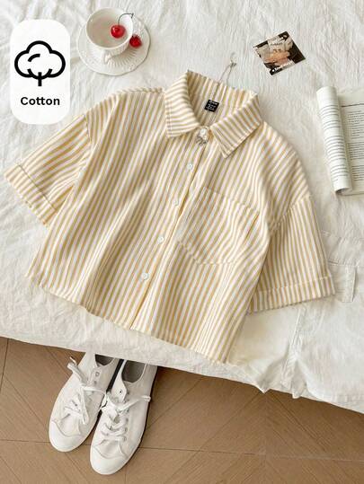 Elamini Áo kiểu nữ tay phồng rộng, dáng lửng, kẻ sọc, chất liệu vải lanh, thích hợp cho nữ.