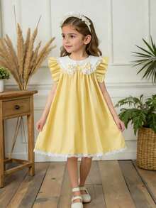 SHEIN Vintaside Kids 女童优雅甜美可爱短袖花卉提花收腰连衣裙，适合度假、假日、派对、夏季穿着 - 黃色 - 查看 4