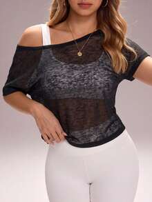 Eassivo Eassivo 女士时尚休闲优雅健身跑步户外宽松透气露背短袖瑜伽运动上衣，夏季 - 黑色 - 查看 1