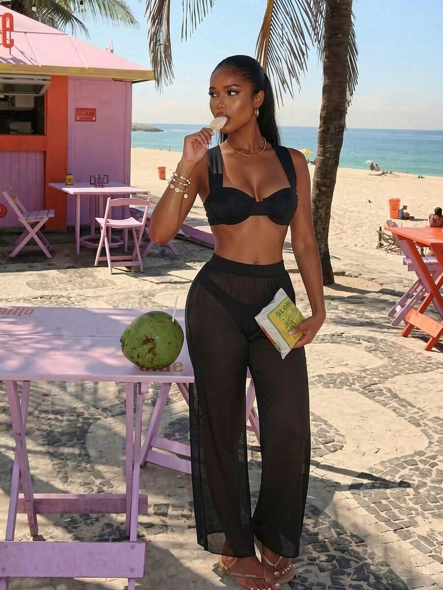 Vaytide Summer Beach Solid Sheer Mesh Cover Up Pants