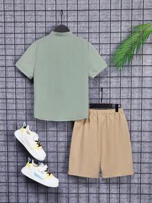 SHEIN Tween Boy Mandarin Collar Single-Breasted Shirt And Shorts Set, Suitable For Summer - Mint Green - View 2