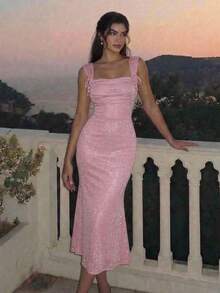 SHEIN MOD Women's Pink Ruched Bust Mermaid Long Dress – Beachwear, Date, Party, Women's Summer And Spring Wear, Spring Break, Vacation, Picnic, Festival, Birthday Outfit - Pink - View 3