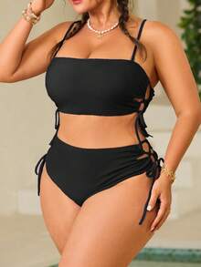 Swim Mod Plus Size Women's Solid Color Lace-Up Two Piece Swimsuit Set - Black - View 4
