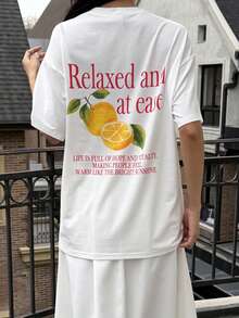 Livesso Women's Loose Casual White Summer Streetwear City Break Top,Round Neck Fruit & Letter Print,Basic Music Festival Oversized Graphic T-Shirt - White - View 8