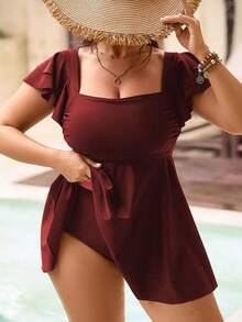 Swim Lushoire Bộ bikini cỡ lớn 2 mảnh màu đen cổ vuông tay bèo nhún gồm áo crop top và chân váy, đồ bơi gợi cảm thường ngày cho tiệc bể bơi. - Màu Đỏ Sâu - Xem 1