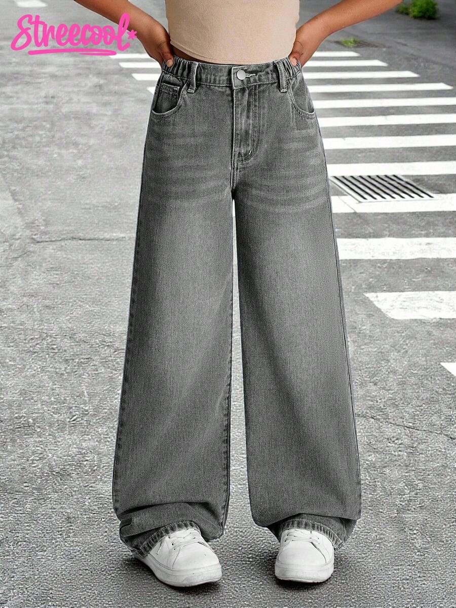 SHEIN Explorewe Quần jeans ống rộng denim mài bạc kiểu retro đa năng, dễ phối đồ cho bé gái tuổi teen. - Xám - Xem 1