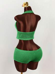 Amplova Deep V-Neck Halter Tie-Up Super Low Waist Striped Mini Shorts 2 Pieces Set - Green - View 8