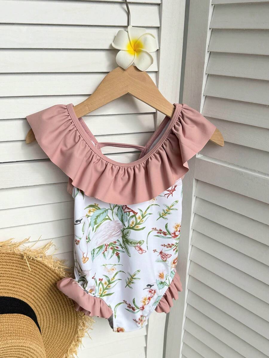 Dazy Kids Bộ đồ bơi liền thân xếp nếp in hoa cho bé gái - Hồng - Xem 1