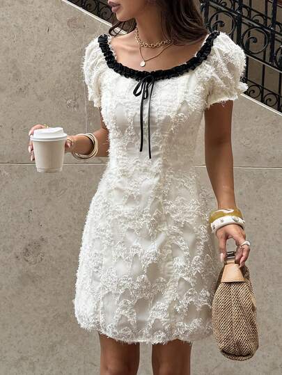 Pariaura Textured Bicolor Ruffle Collar Tie-Waist Petal Sleeve Fitted Mini Dress