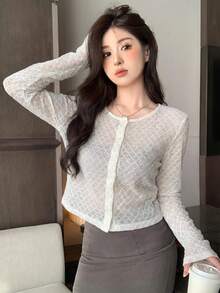 DAZY 女士休闲宽松圆领开襟T恤 - 白色 - 查看 4