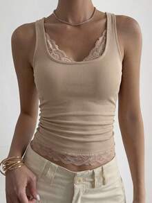 DAZY Áo hai dây dáng ôm màu mơ, kiểu dáng thường ngày, phối ren, thích hợp cho nữ, phù hợp cho mùa xuân, hè, đám cưới, tiệc tùng, ngày Valentine. - Màu be - Xem 4