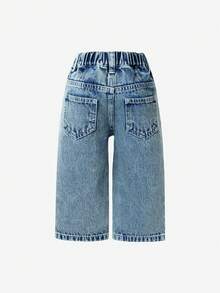 Baby Girl Korean Soft Style Washed Denim Wide Leg Pants With Butterfly Print, Loose Fit, Pockets, Comfortable Blue Jeans - Light Wash - View 2
