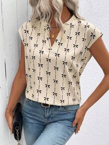 SHEIN PETITE 女士春夏蝴蝶印花镂空领蝙蝠袖衬衫 - 杏色 - 查看 3