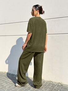 SHEIN EZwear 2件套休闲宽松纯色落肩短袖圆领加大码 - 軍綠色 - 查看 7